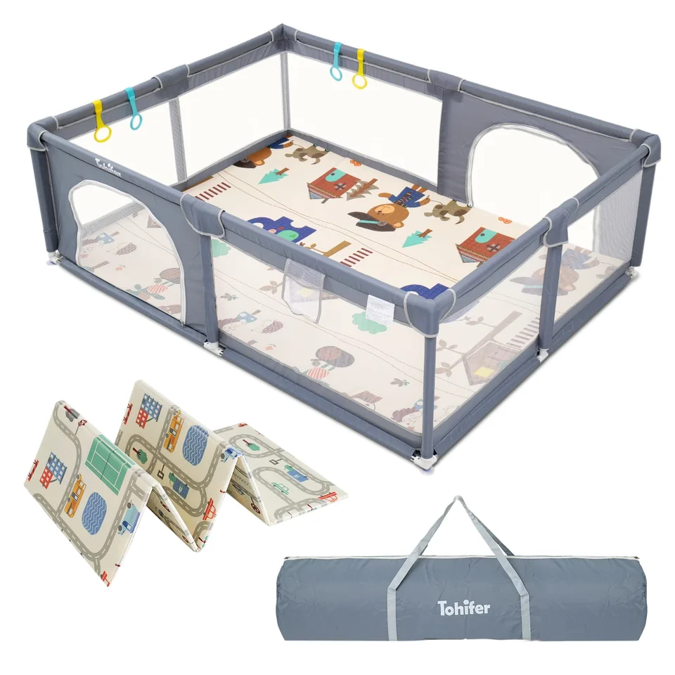 The TOHIFER playpen with its patterned mat and carry bag