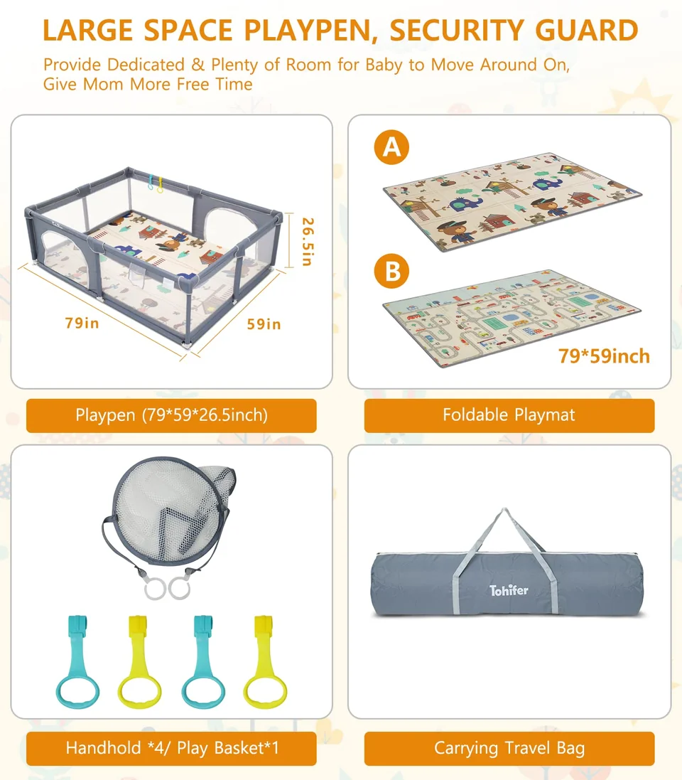 The playpen dimensions and included accessories